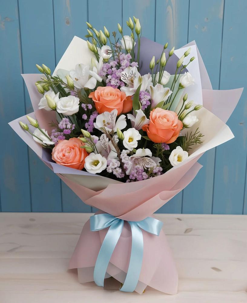 Букет цветов из: Лизиантусы, Розы, Альстромерии и Гипсофила в Ивановское